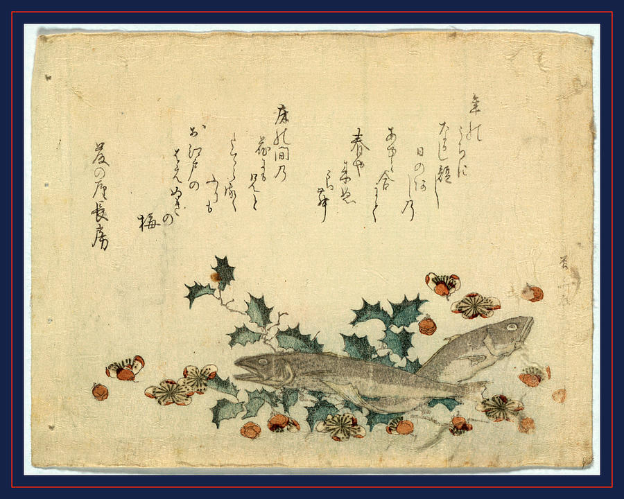 Fish Drawing - Hiiragi Ni Iwashi Ni Ume by Ryuryukyo, Shinsai (c.1764-1820), Japanese