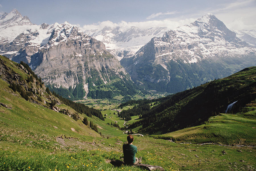 Hiker In Jungfrau Region Of Swiss Alps Photograph by Danielle D. Hughson