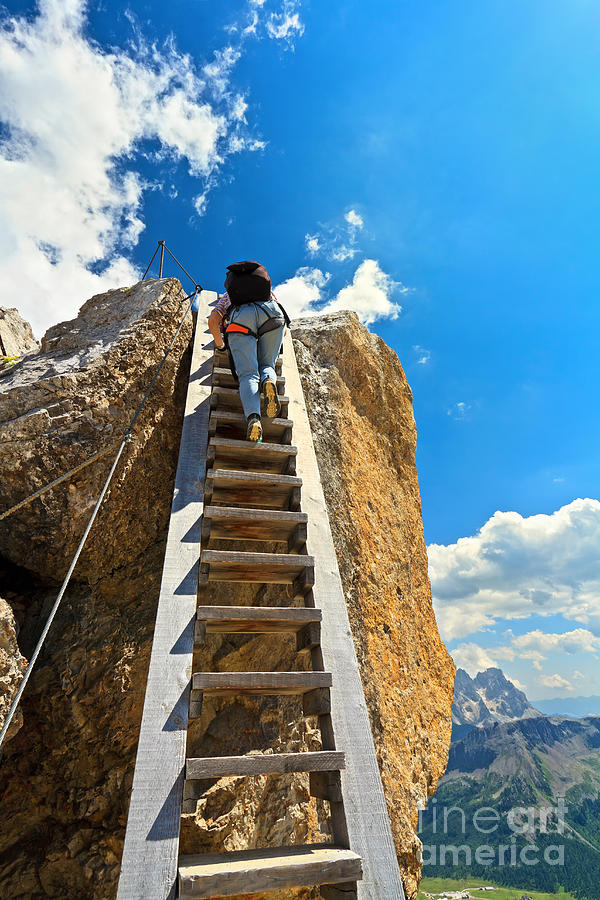 Hiker On Wooden Staircase Photograph by Antonio Scarpi