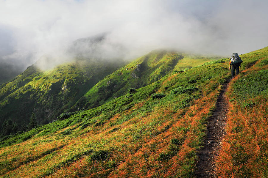 Hiker With Backpack And Foggy Hills Photograph by Sergiy Trofimov Photography