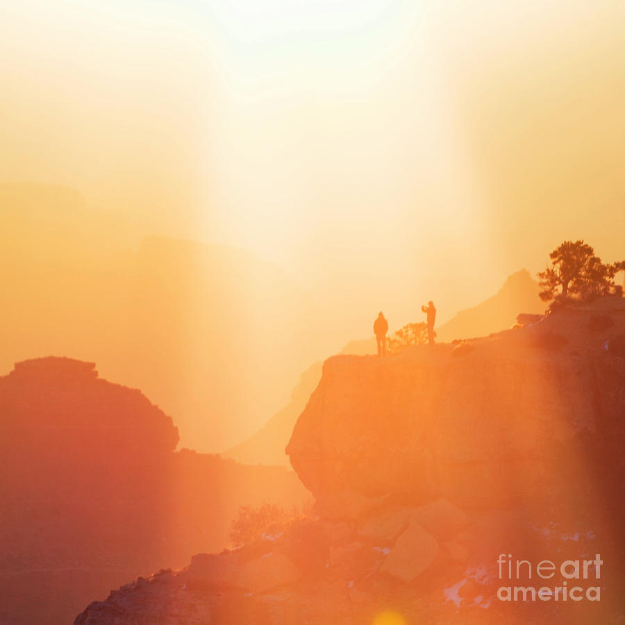 Hikers Bathed in Sunrise Sunrays in Grand Canyon National Park Square Photograph by Shawn OBrien