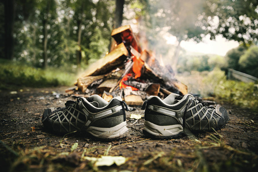 Wood Photograph - Hiking Shoes Drying Beside Campfire by Marko Radovanovic Wood Photograph - Hiking Shoes Drying Beside Campfire by Marko Radovanovic