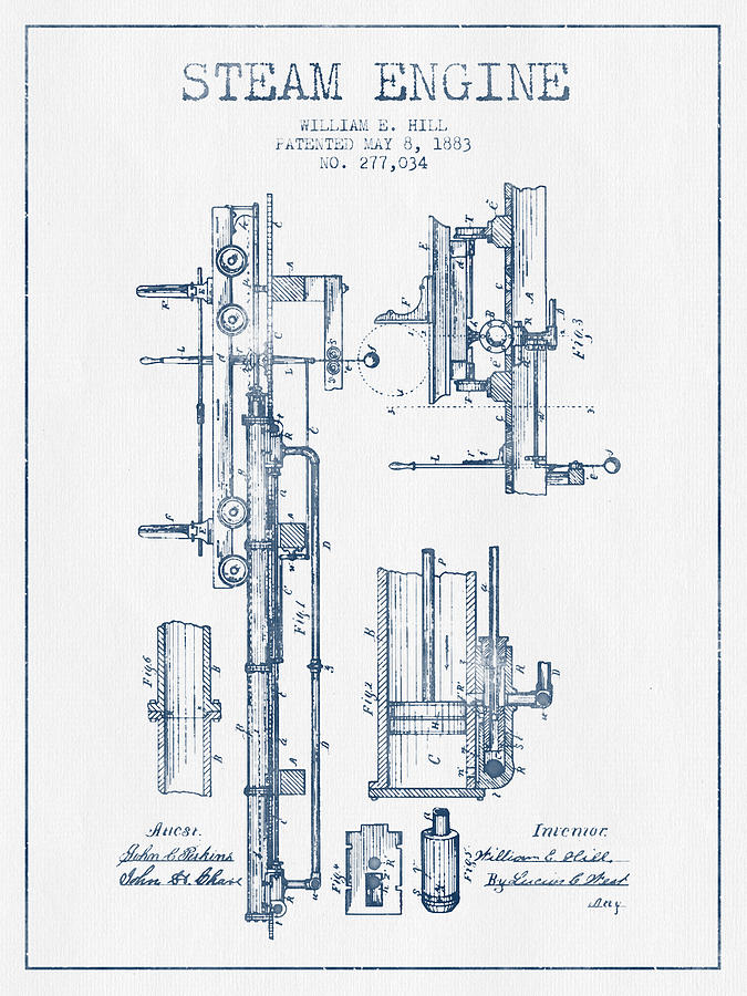 Vintage Digital Art - Hill Steam Engine Patent Drawing From 1883- Blue Ink by Aged Pixel