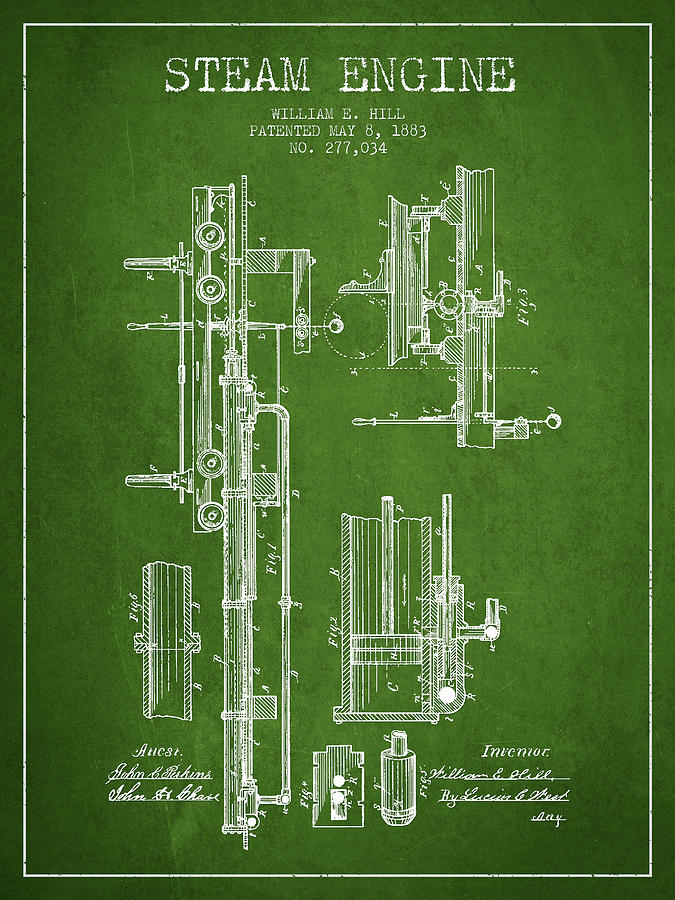 Vintage Digital Art - Hill Steam Engine Patent Drawing From 1883- Green by Aged Pixel