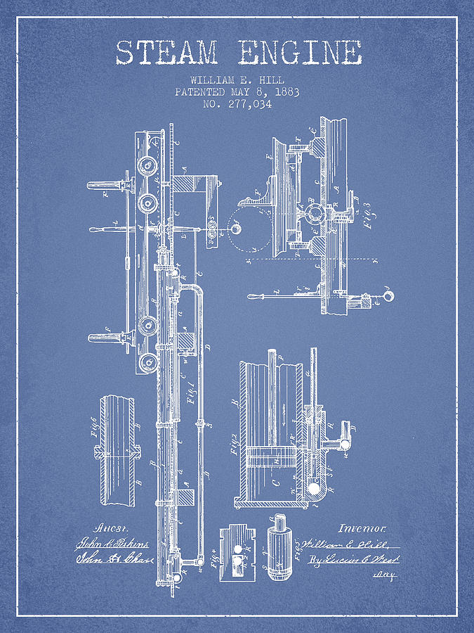 Vintage Digital Art - Hill Steam Engine Patent Drawing From 1883- Light Blue by Aged Pixel