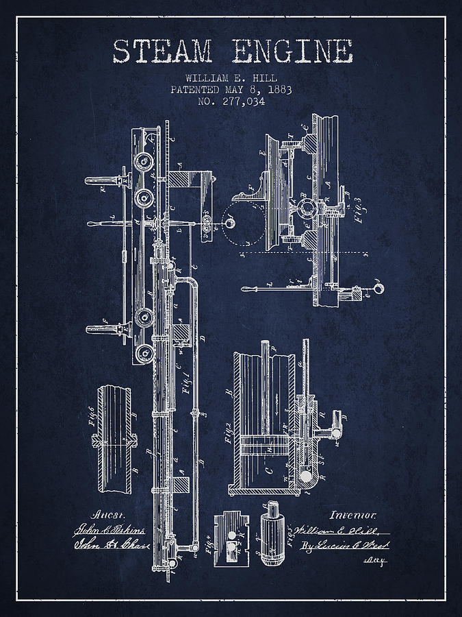Vintage Digital Art - Hill Steam Engine Patent Drawing From 1883- Navy Blue by Aged Pixel