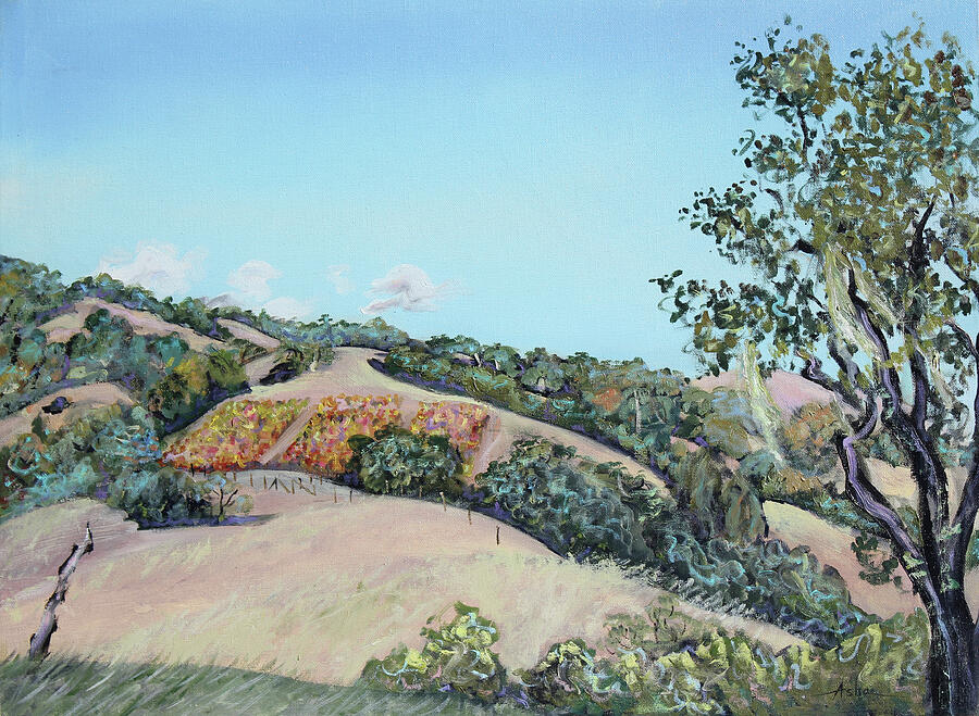Hill Vineyard and Friendly Clouds Painting by Asha Carolyn Young