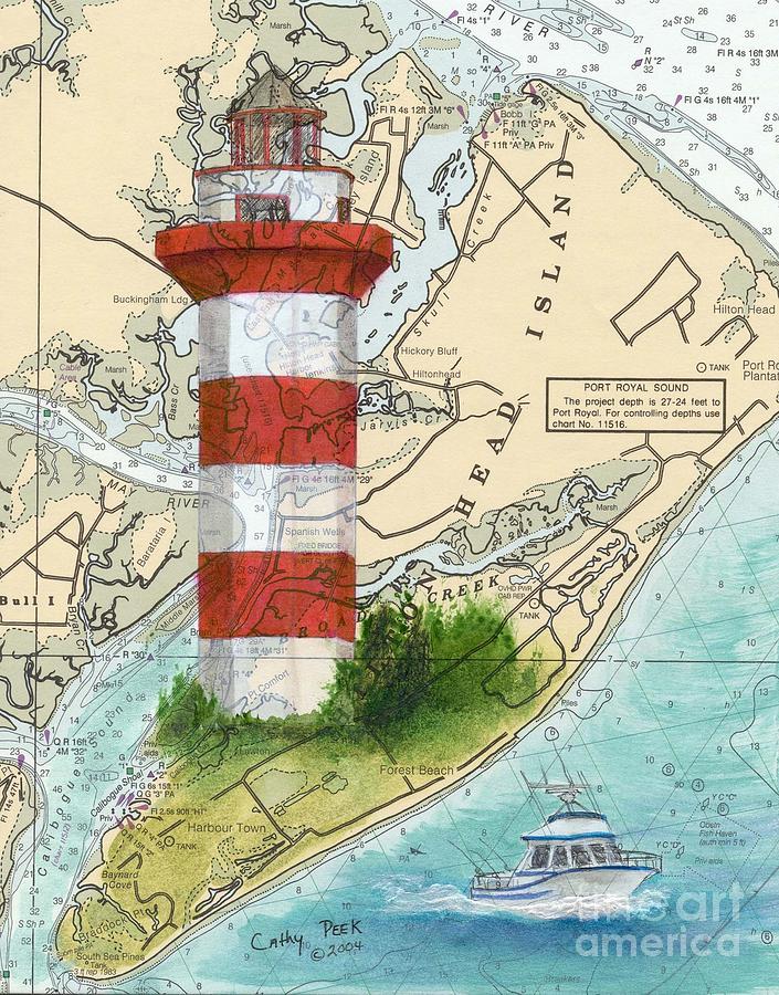 Lighthouse Painting - Hilton Head Island Lighthouse SC Nautical Chart Map Art Cathy Peek by Cathy Peek