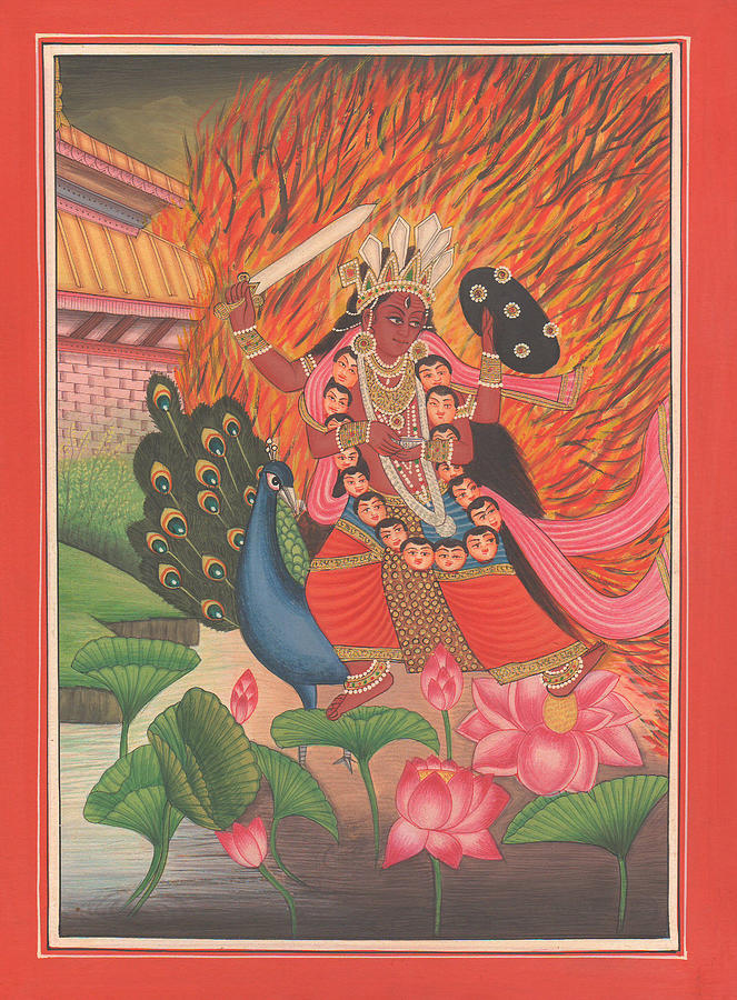 Hindu Goddess Komari Mantrika  Miniature Painting India Lotus Artwork Folk Art Yoga Yogi Meditation Painting by A K Mundhra