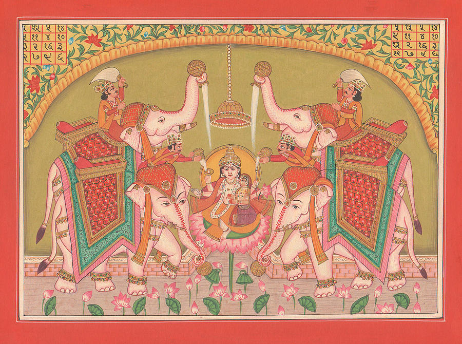 Hindu Goddess of Wealth Money Devi Laxmi Elephant  Miniature Painting India folk art Traditional  Painting by A K Mundhra
