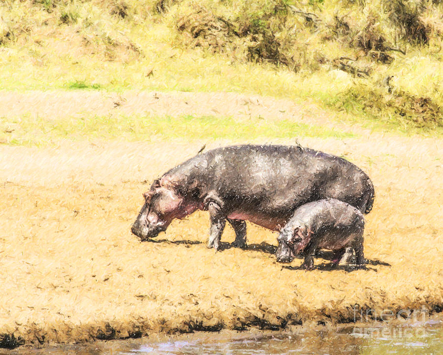 Hippopotamus Digital Art - Hippopotamus and baby Mara River Kenya by Liz Leyden