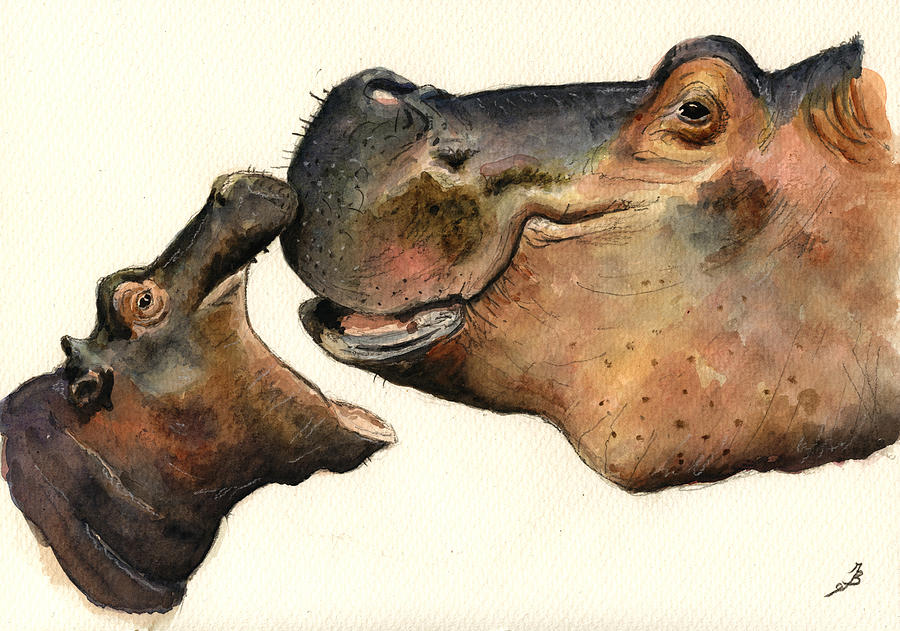 Wildlife Painting - Hippos mom and son by Juan  Bosco