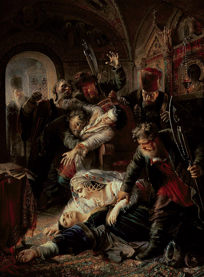 Assassins Painting - Hired Assassins Killing Tzar Boris Fyodorevich Godunovs Son by Konstantin Egorovich Makovsky