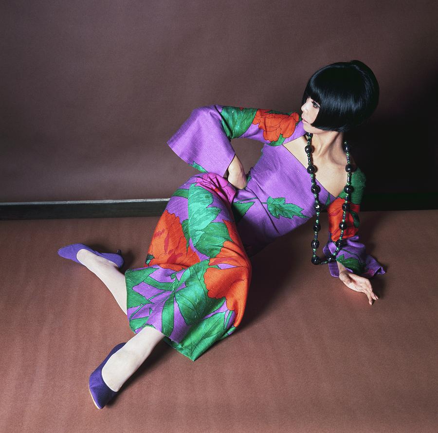 Hiroko Matsumoto Wearing Print Dress Photograph by Horst P. Horst