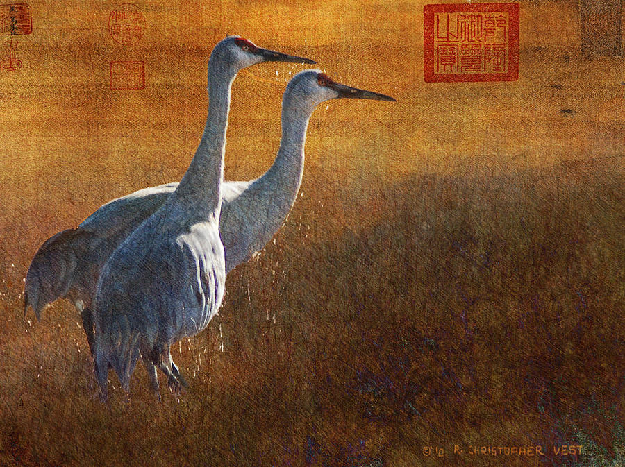 Bird Painting - Hirosige Cranes Gold Leaf by R christopher Vest