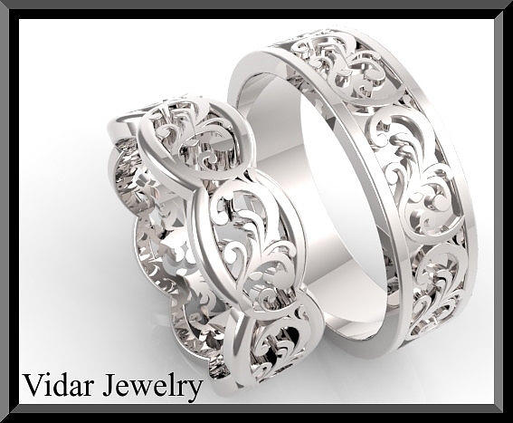 Gemstone Jewelry - His And Hers Leaf 14K White Gold Matching Wedding Bands Set by Roi Avidar