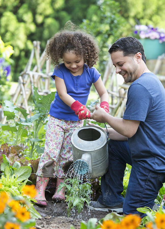 Hispanic father and daughter gardening together Photograph by Ariel Skelley