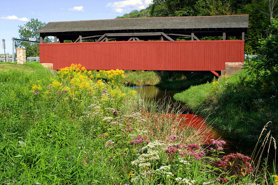 Flower Photograph - Historic Buttonwood Covered Bridge In September by Gene Walls