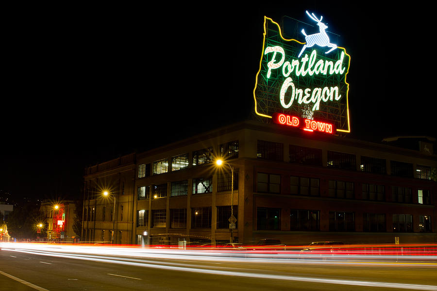 Historic Portland Oregon Old Town Sign Light Trails Photograph by David Gn