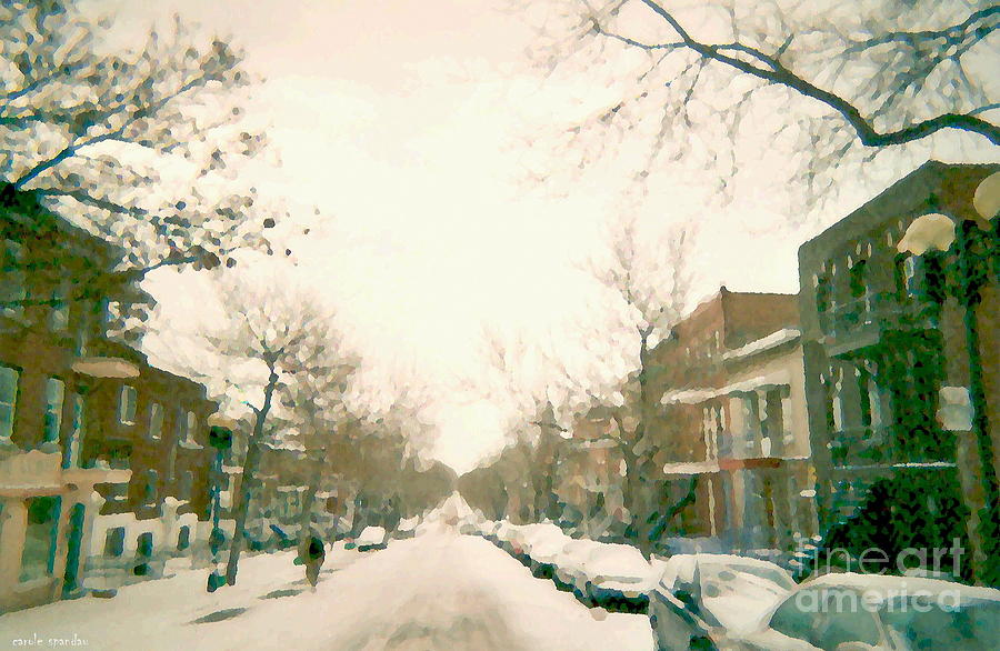 Hiver Psc Winter In The Point Snowy Day Paintings Montreal Art Cityscenes Brick Houses Snowed In Painting by Carole Spandau
