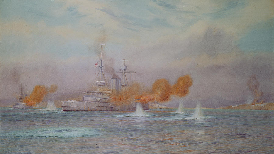 War Photograph - H.m.s. Albion Commanded By Capt. A. Walker-heneage Completing The Destruction Of The Outer Forts by Alma Claude Burlton Cull