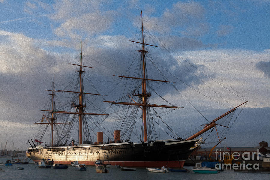 HMS Warrior at Portsmouth Historic Dockyard Oil painting effect. Photograph by Peter Noyce