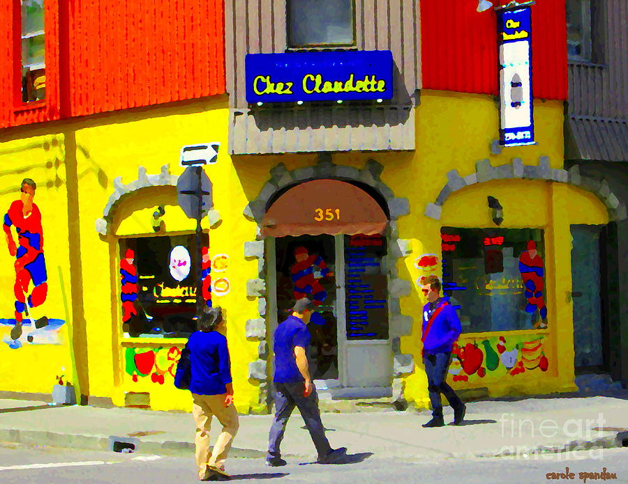 Hockey Art At Restaurant Chez  Claudette Plateau Montreal Sunny Street Scene Carole Spandau  Painting by Carole Spandau