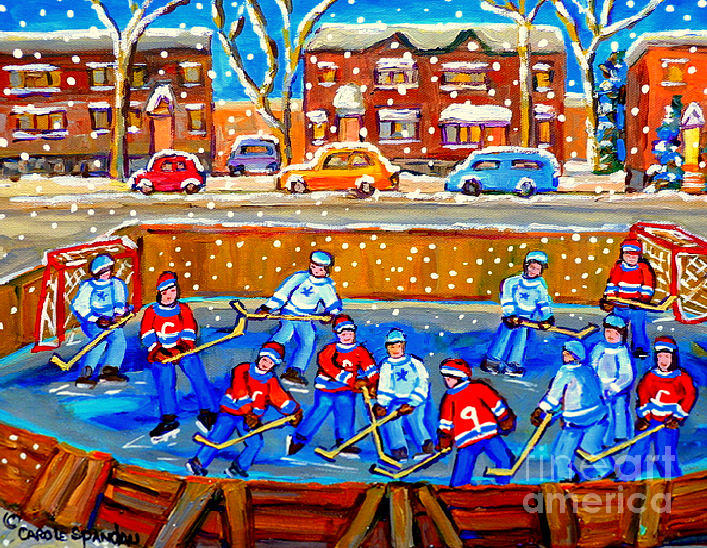 Hockey Art Collectible Cards And Prints Snowy Day  Neighborhood Rinks Verdun Montreal Art C Spandau Painting by Carole Spandau