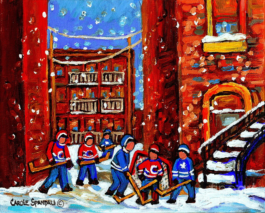 Hockey Art Home Team Advantage Streets Of Montreal Paintings Of Verdun Winter City Scenes Cspandau Painting by Carole Spandau