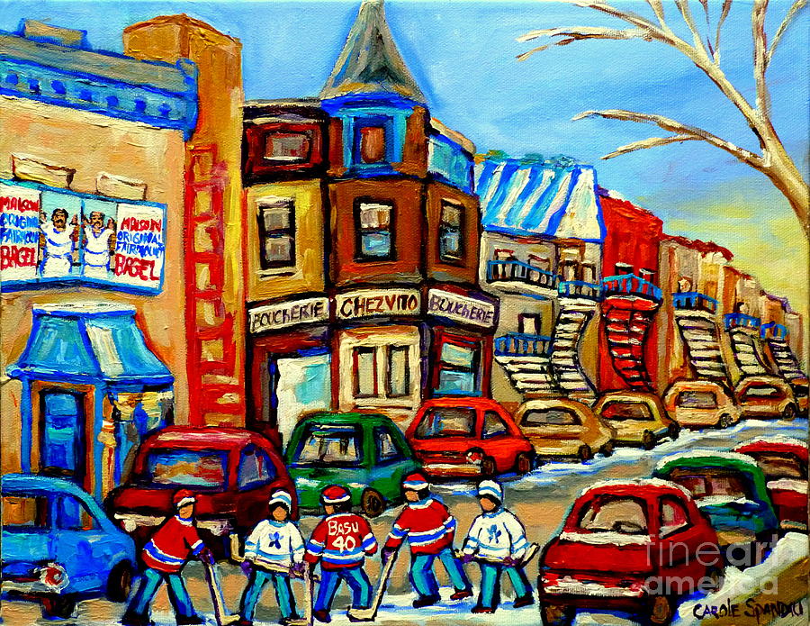 Hockey Art Montreal Winter Street Scene Painting Chez Vito Boucherie And Fairmount Bagel Painting by Carole Spandau
