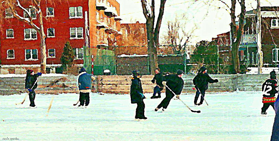 Hockey Art Shimmy Game Local Rink Montreal Paintings Winter Street Scene Verdun Art Carole Spandau Painting by Carole Spandau
