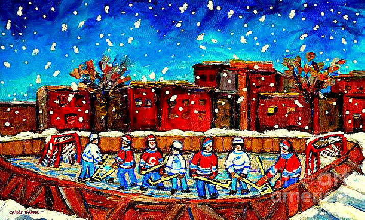 Hockey Collectible Art Cards And Prints A Snowy Day At The Neighborhood Rink Verdun Montreal Art Painting by Carole Spandau