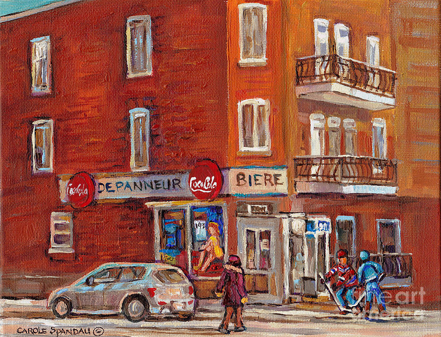 Hockey Game At Corner Store-montreal Depanneur-city Scene Painting-carole Spandau Painting by Carole Spandau