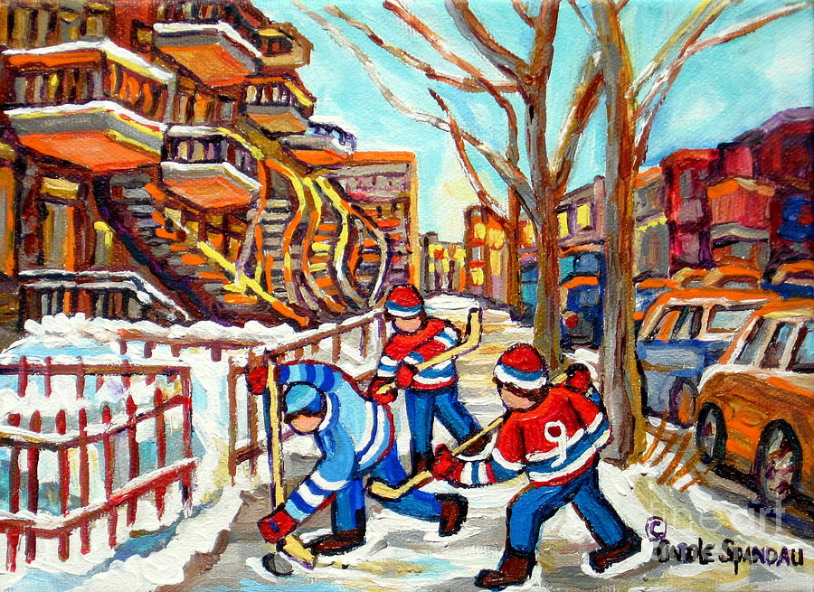 Hockey Game Near Montreal Staircases Winter Scenes Paintings Carole Spandau Painting by Carole Spandau