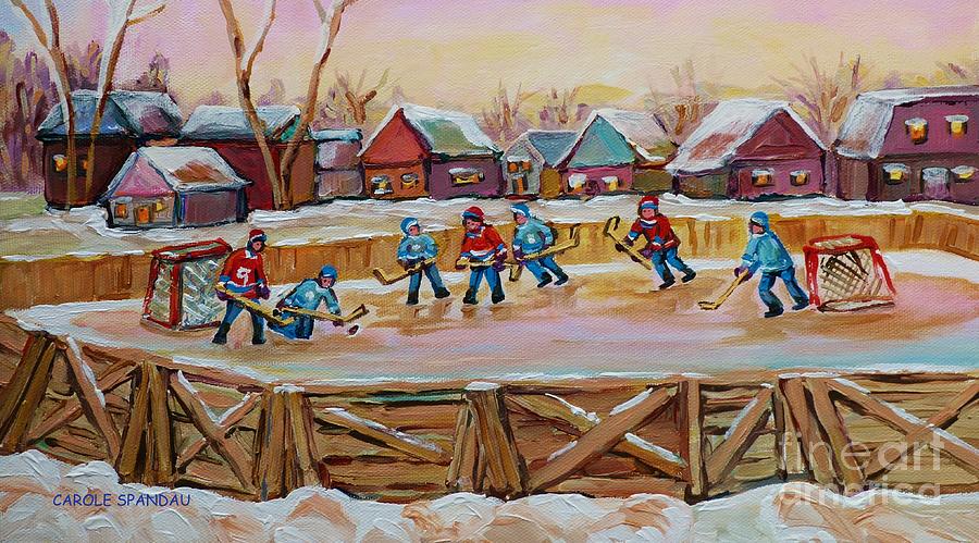 Hockey Game-outdoor Hockey -beautiful Canadian Winter Landscape-hockey Heroes-carole Spandau Painting by Carole Spandau