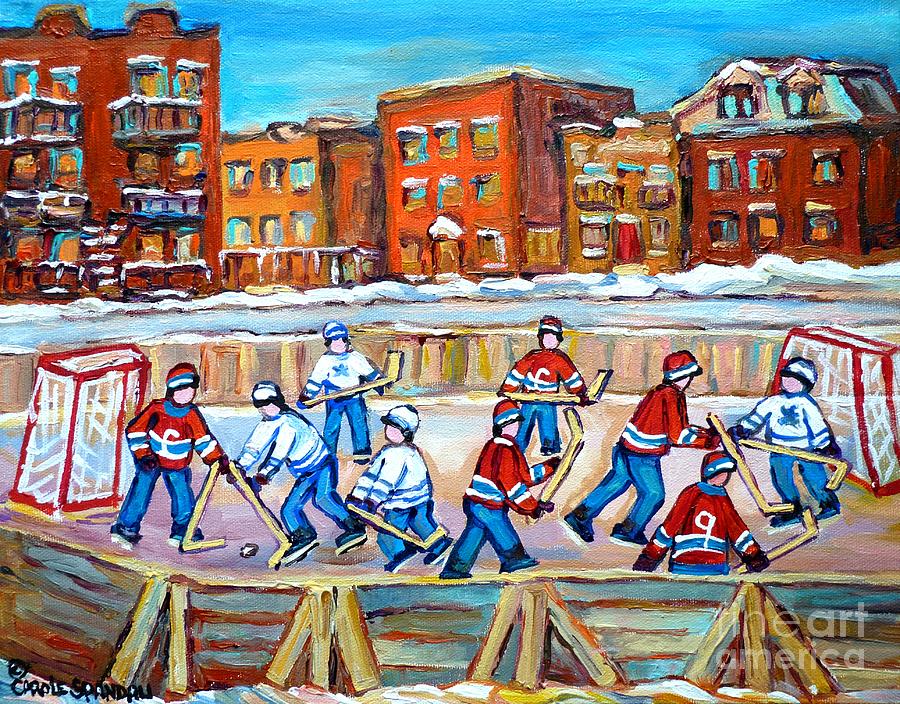 Hockey Painting - Hockey In The City Ndg Outdoor Hockey Rink Neighborhood Kids Bring Montreal Memories To Life by Carole Spandau