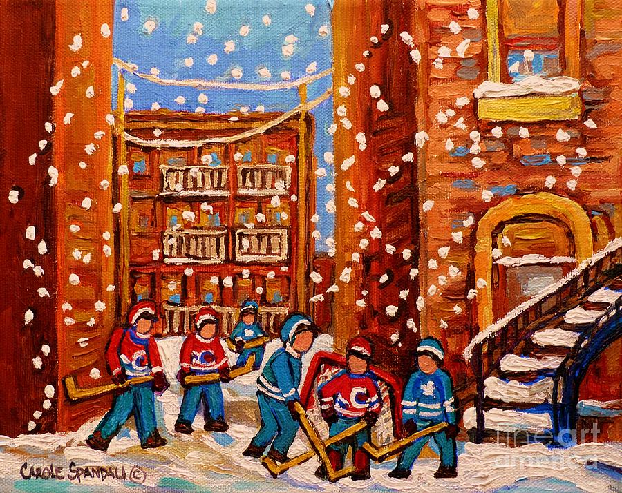 Hockey In The Laneway On Snowy Day Paintings Of Montreal Streets In Winter Carole Spandau Painting by Carole Spandau