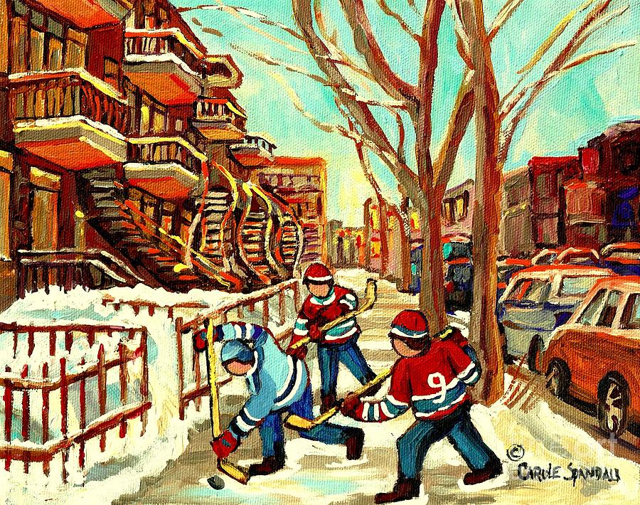 Hockey Painting - Hockey Paintings Verdun Streets And Staircases  Winter Scenes Montreal City Scene Specialist   by Carole Spandau