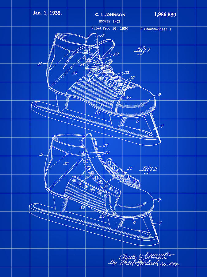Hockey Shoe Patent 1934 - Blue Digital Art by Stephen Younts