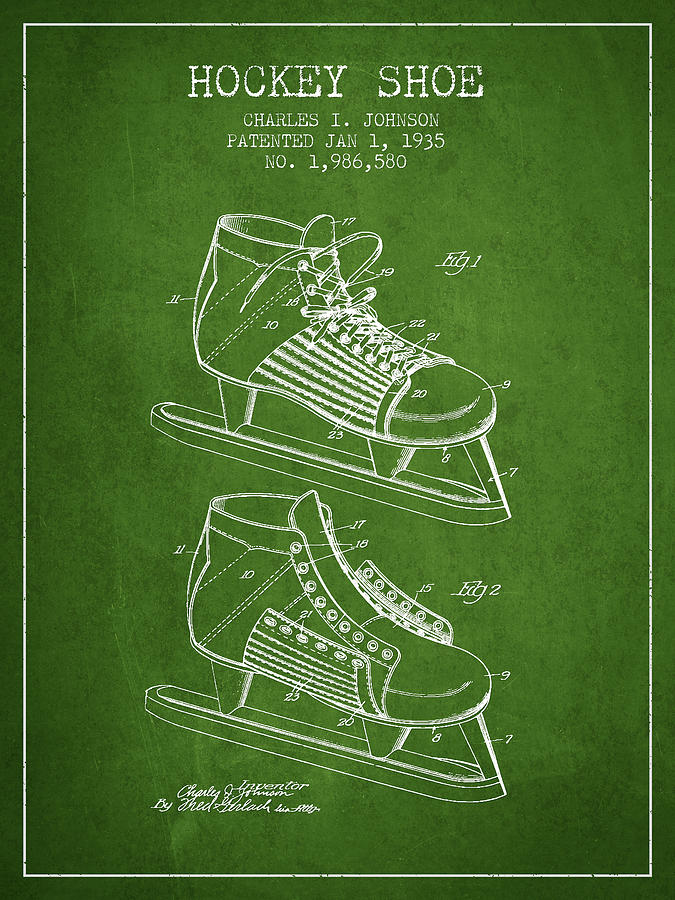 Hockey Digital Art - Hockey Shoe Patent Drawing From 1935 - Green by Aged Pixel