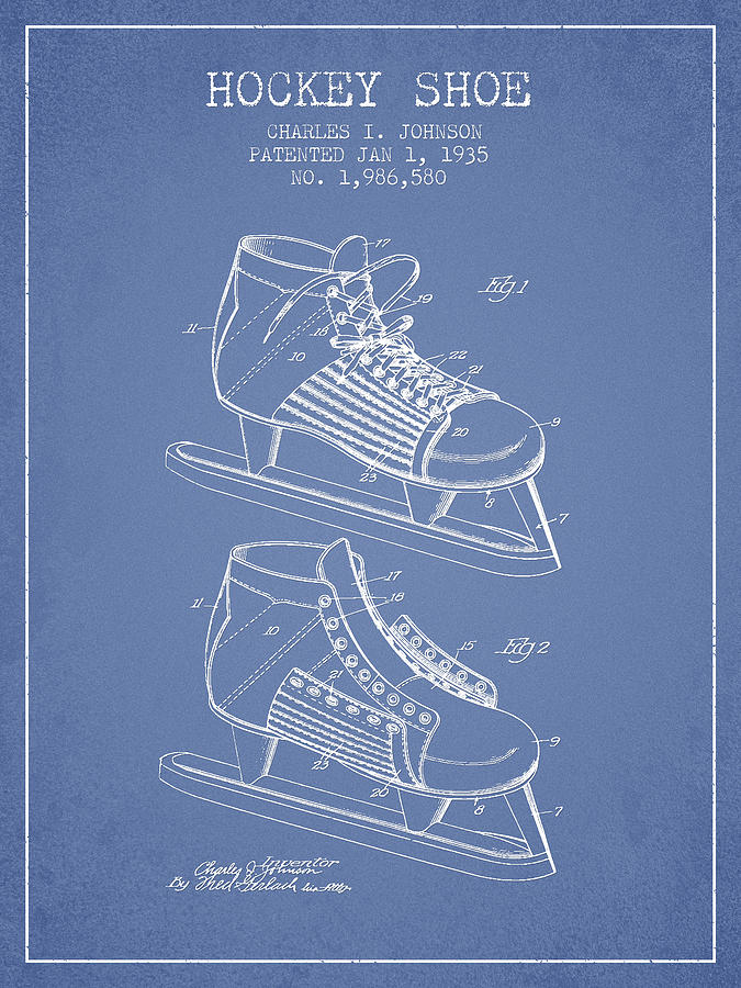 Hockey Digital Art - Hockey Shoe Patent Drawing From 1935 - Light Blue by Aged Pixel