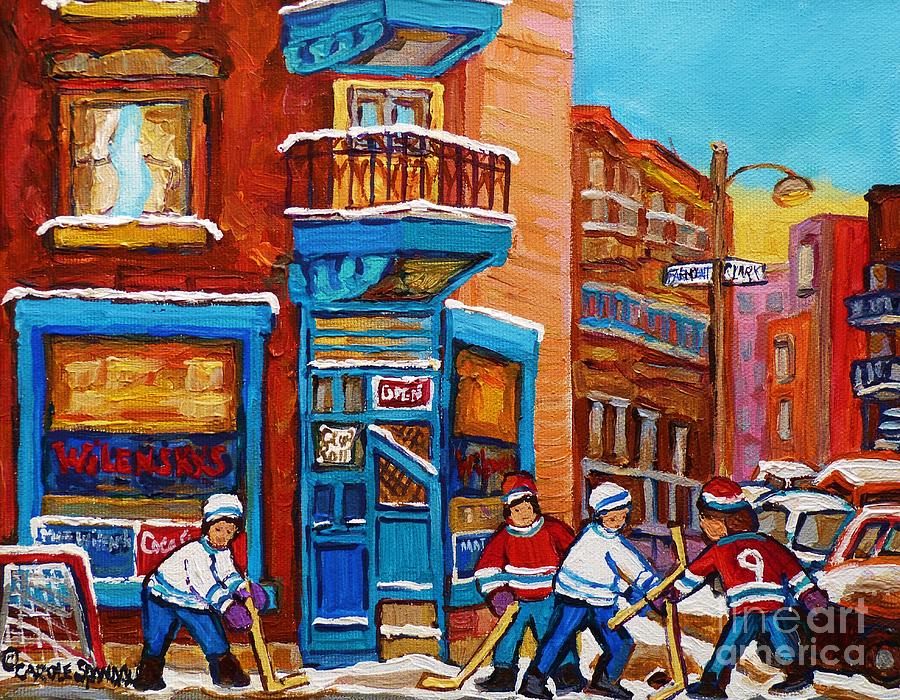 Hockey Stars At Wilenskys Diner Street Hockey Game Paintings Of Montreal Winter  Carole Spandau Painting by Carole Spandau