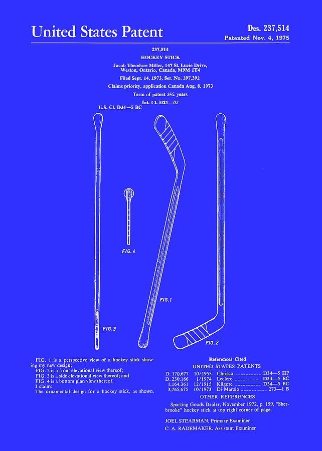 Vintage Drawing - Hockey Stick Patent 1975 by Mountain Dreams
