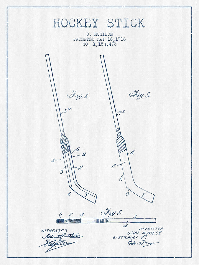 Hockey Stick Patent Drawing From 1916 - Blue Ink Digital Art