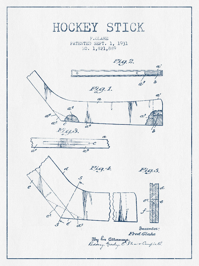 Hockey Stick Patent Drawing From 1931 - Blue Ink Digital Art