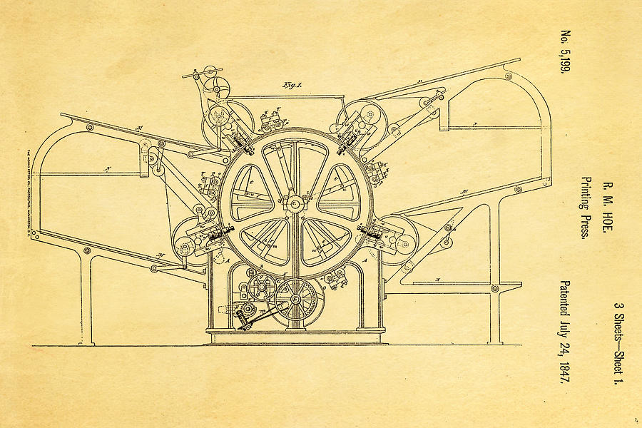 Vintage Photograph - Hoe Printing Press Patent Art 1847  by Ian Monk