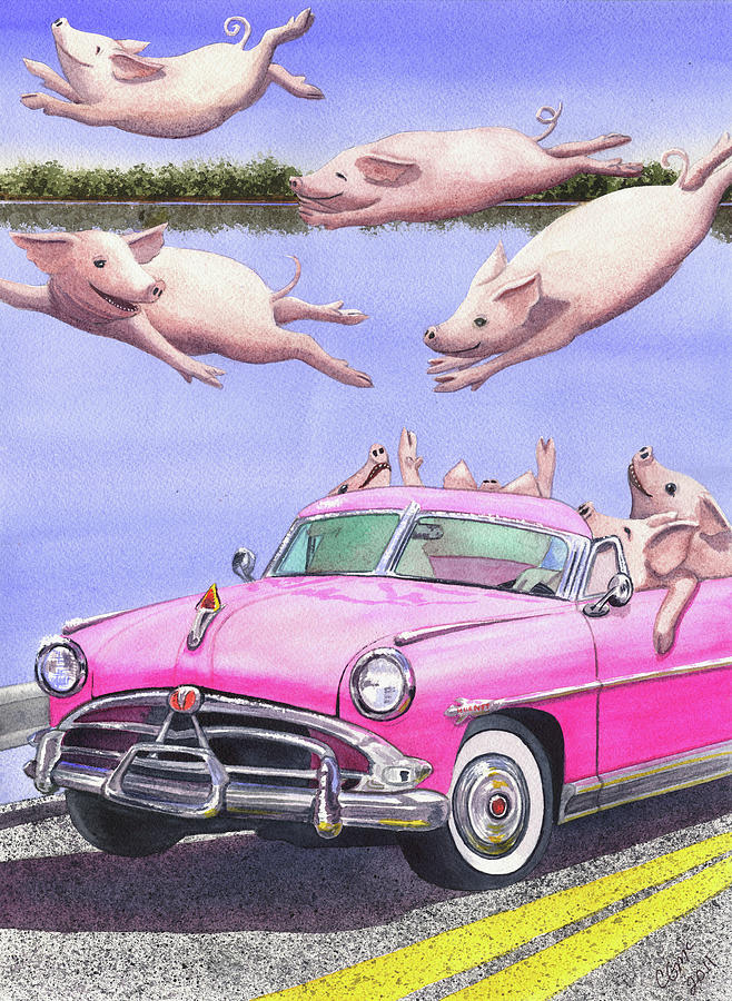 Hogs in a Hot Pink Hudson Hornet Painting by Catherine G McElroy