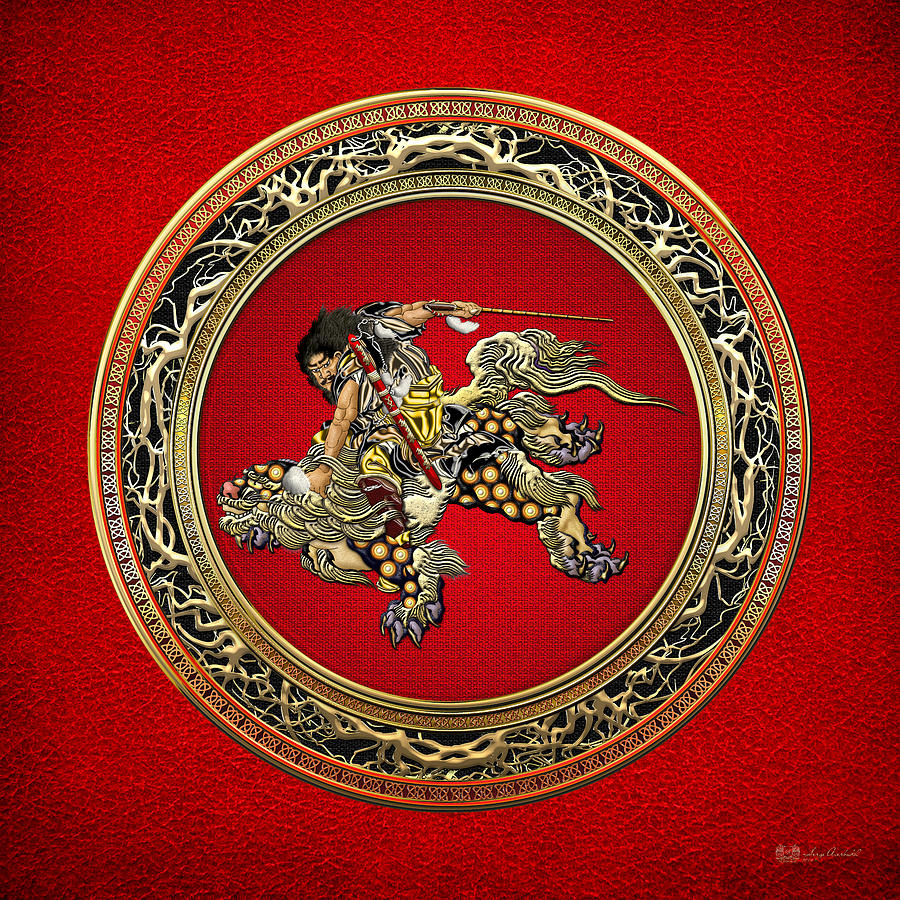 Hokusai - Shoki Riding Shishi Lion on Red  Digital Art by Serge Averbukh