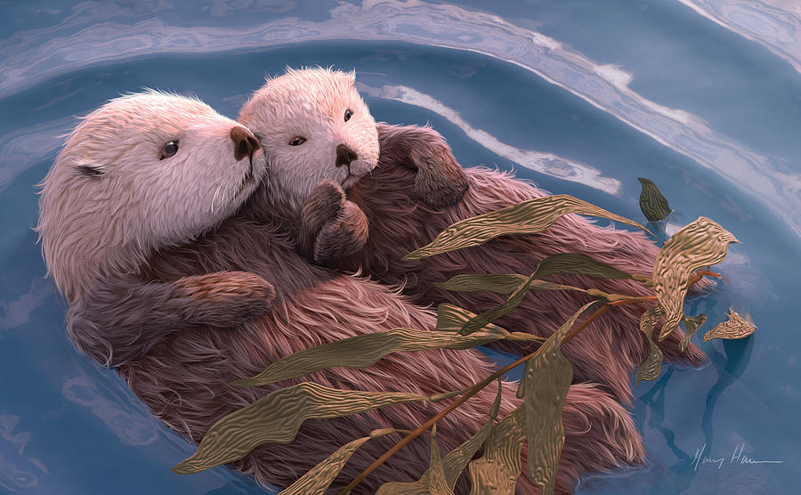 Otter Painting - Holding Hands by Gary Hanna