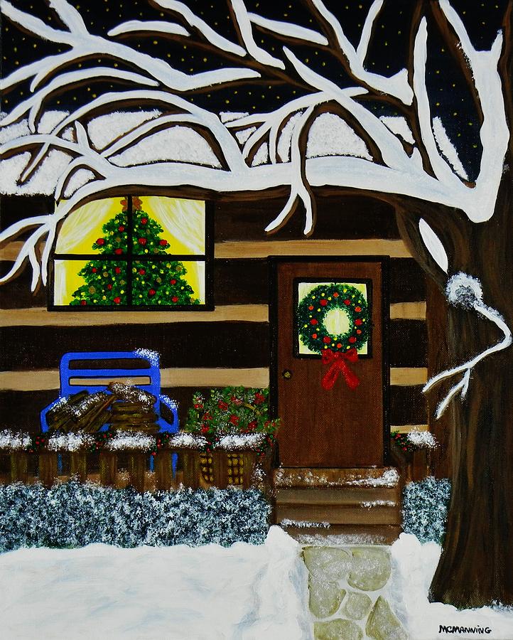 Christmas Tree Painting - Holiday Cabin by Celeste Manning
